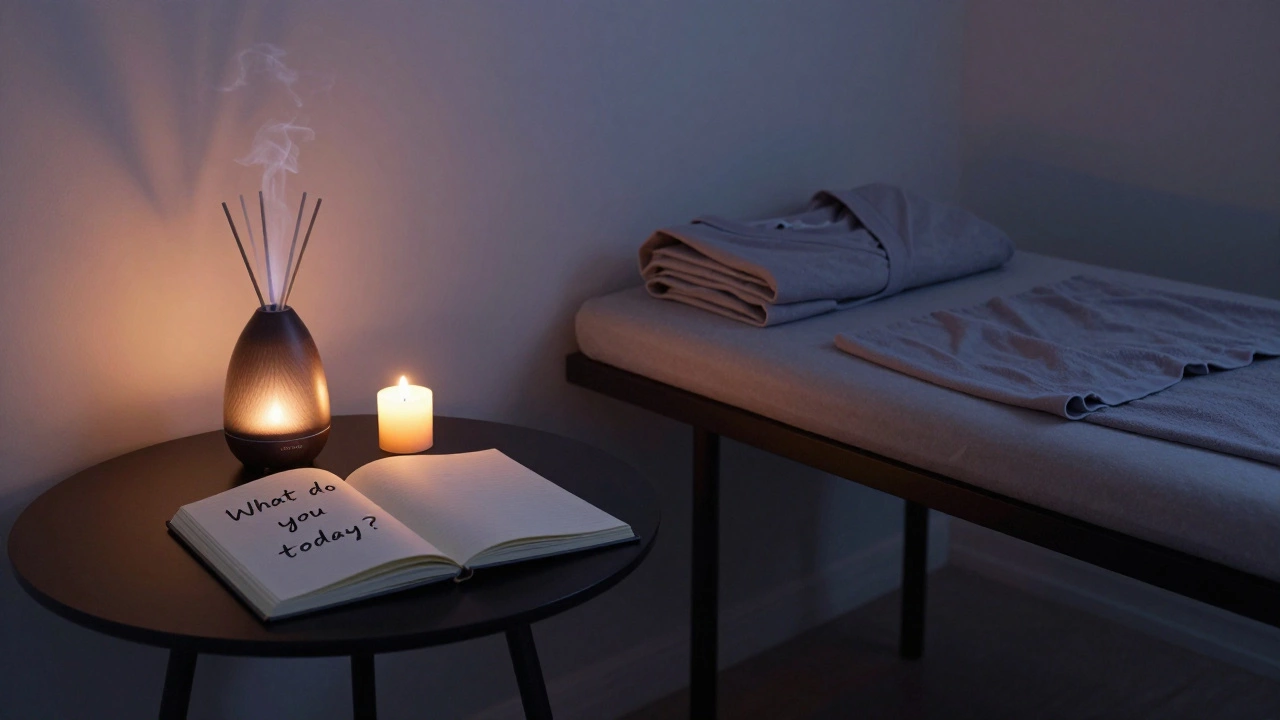 An empty wellness room at dusk with candlelight, lavender mist, and a journal with a handwritten question.